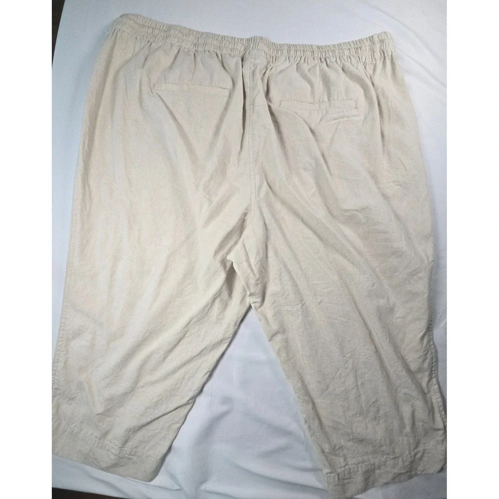 Catherines Womens 3X 26/28W Linen Blend Crop Pants Beige Pull On‎ Elastic Waist